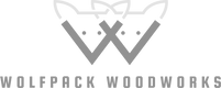 Transparent Wolfpack Woodworks horizontal logo with minimalist wolf emblem and brand name without tagline