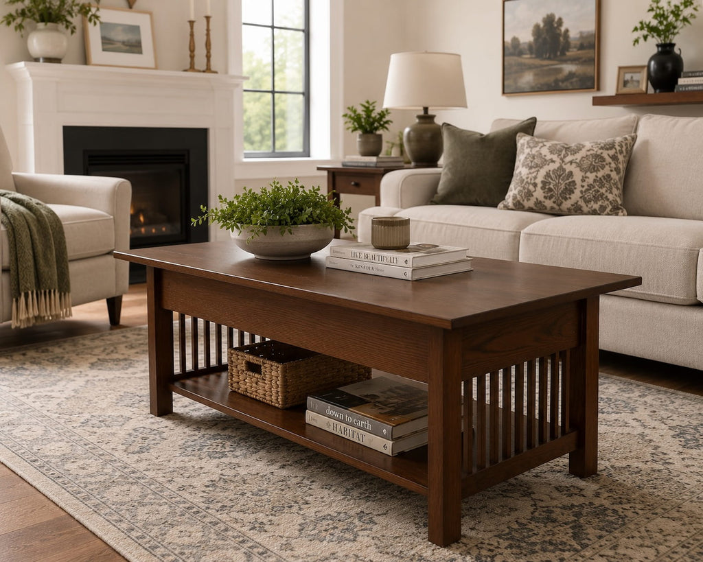 Craftsman style solid wood coffee table with slatted sides and lower shelf in a cozy living room