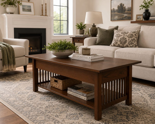 Craftsman style solid wood coffee table with slatted sides and lower shelf in a cozy living room