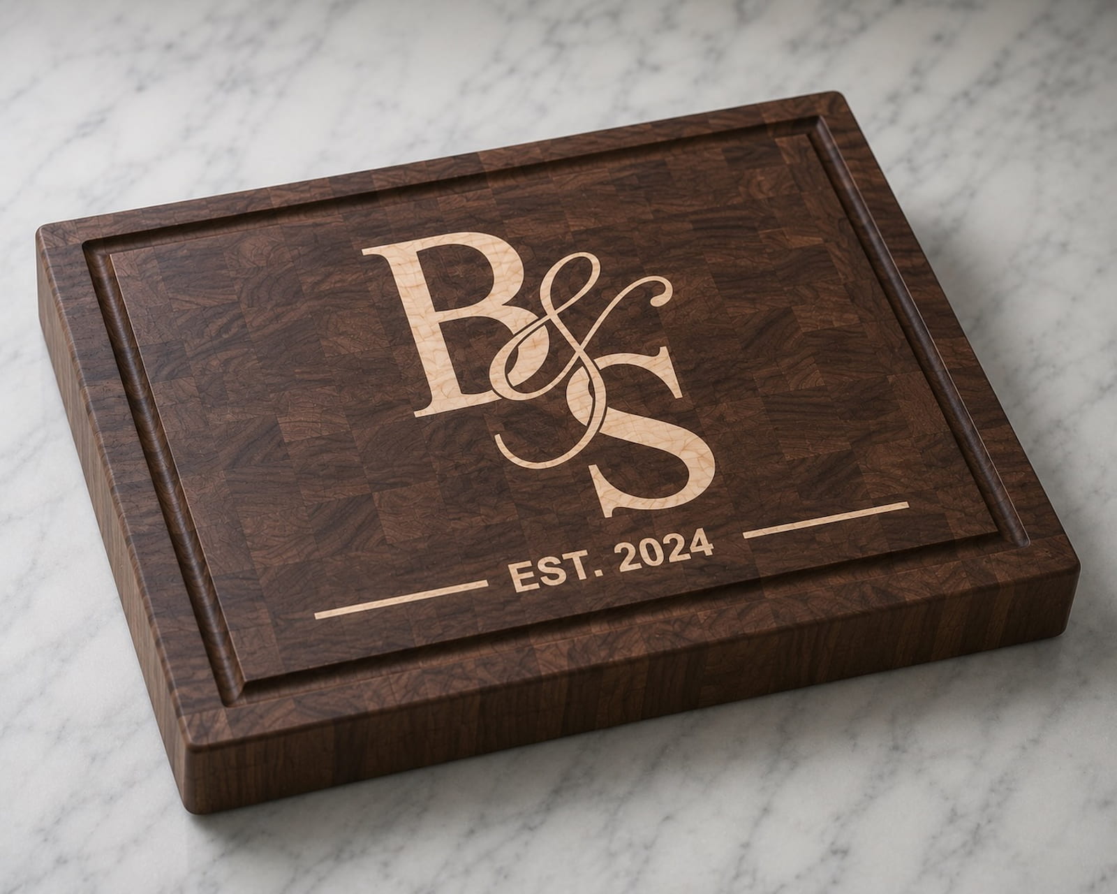 Walnut end grain cutting board with maple couples monogram inlay and established 2024 engraving