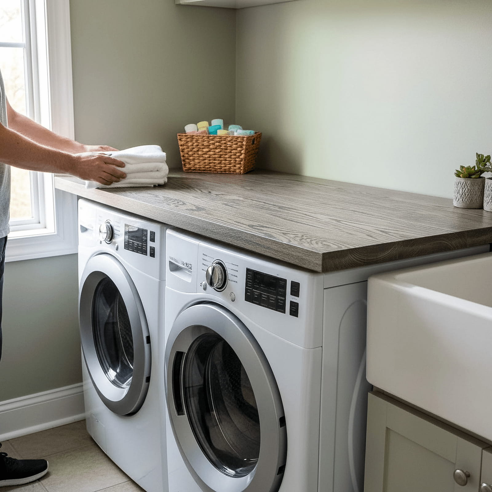 Gray oak laundry room countertop over white front load washer and dryer with folded towels