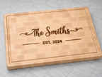 Maple end grain cutting board with walnut family name inlay and established 2024 engraving