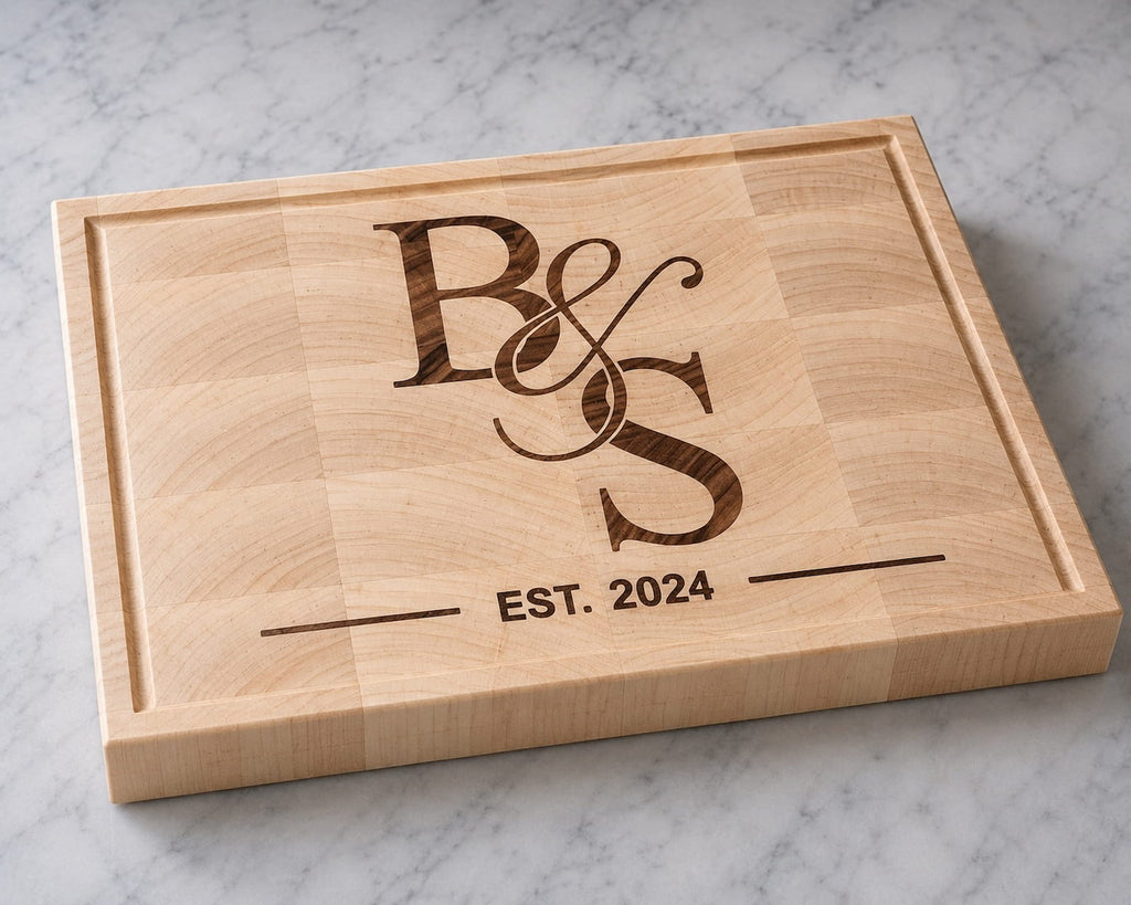Maple end grain cutting board with walnut couples monogram inlay and personalized engraving
