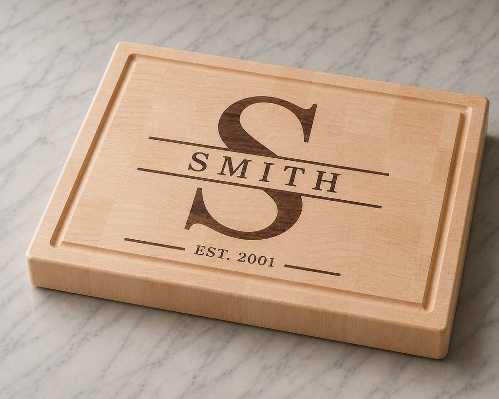 Maple end grain cutting board with walnut inlay split monogram design featuring the Smith family name and established 2001 engraving