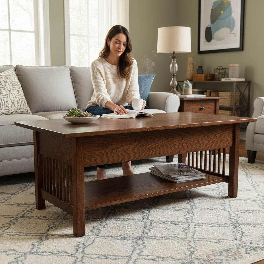 Mission style solid oak coffee table in modern living room with slatted side design