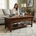 Mission style solid oak coffee table in modern living room with slatted side design