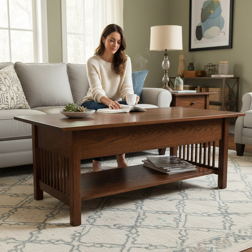 Mission style solid oak coffee table in modern living room with slatted side design