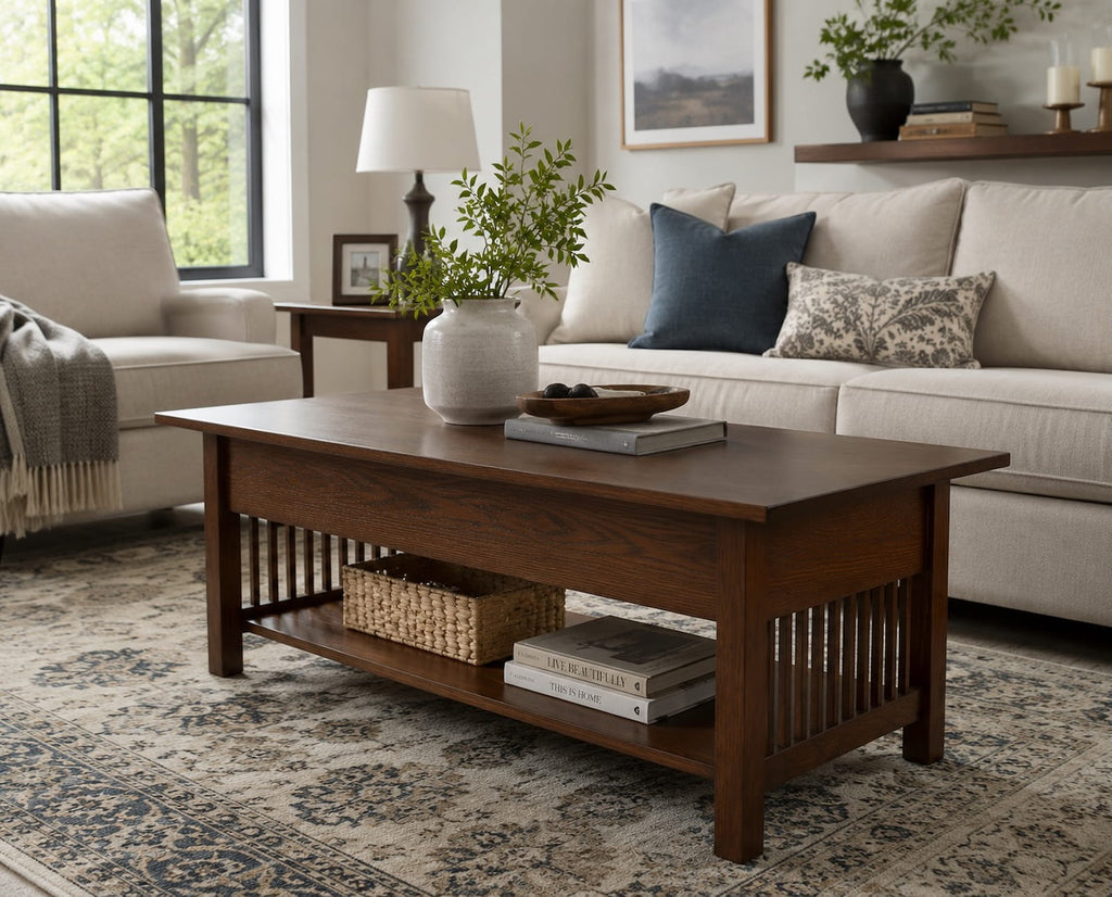 Solid wood mission style coffee table in a modern living room with lower shelf storage and decorative accents