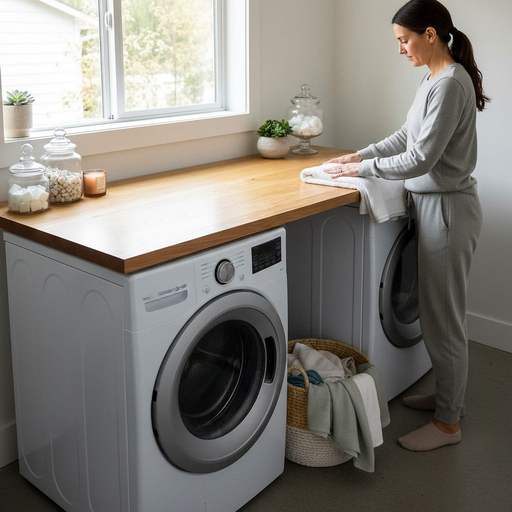 Modern oak laundry room countertop above front load washer and dryer with woman folding towels