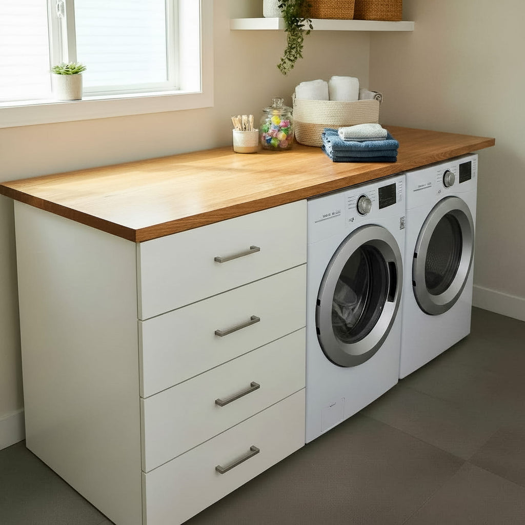 Oak laundry room countertop with built in storage cabinets above front load washer and dryer