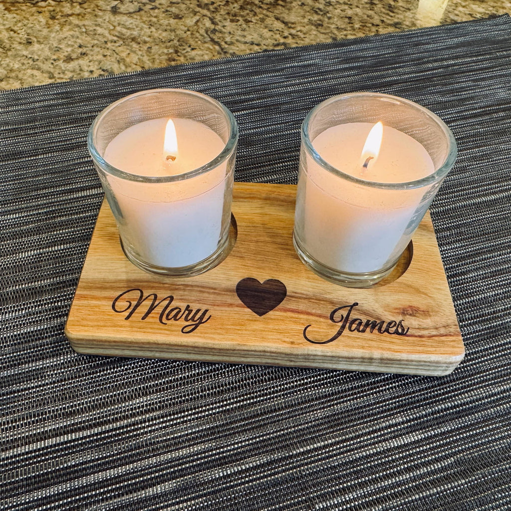 Personalized canary wood candle holder with engraved names and votive candles