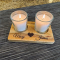 Personalized canary wood candle holder with engraved names and votive candles