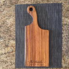 Personalized canary wood charcuterie board with engraved family name and handle