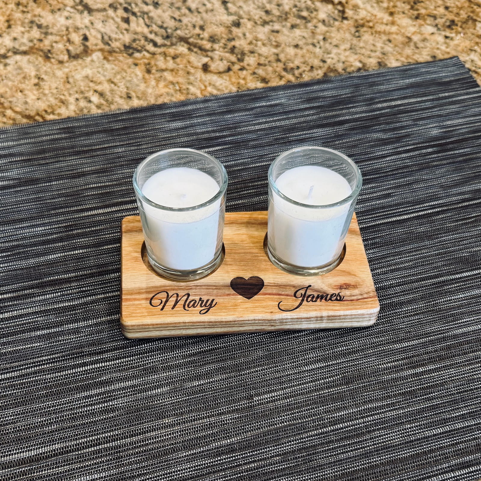 Personalized canary wood votive candle holder with engraved names and heart design