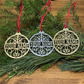 Personalized Christmas ornaments in gold, glitter gold, and glitter silver finishes