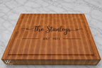 Personalized maple end grain board featuring Stanley family name, established date, and decorative inlay design