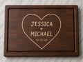 Personalized walnut end grain cutting board with maple love story inlay, two names, and special date