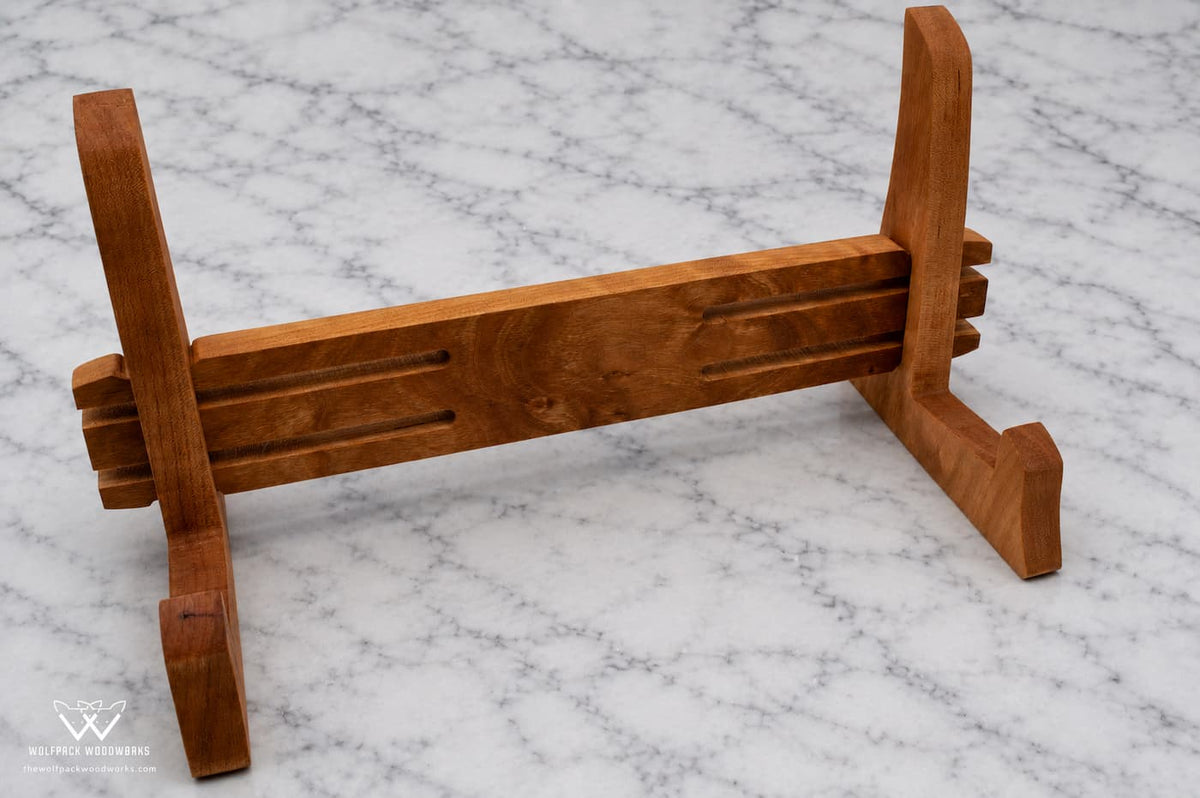 Solid hardwood cutting board display stand fully assembled with interlocking construction