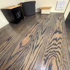 Solid oak laundry room countertop with dark stain and satin polyurethane finish