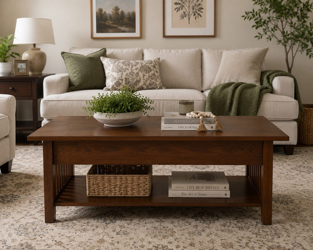 Solid wood coffee table with lower shelf storage styled in a warm modern living room