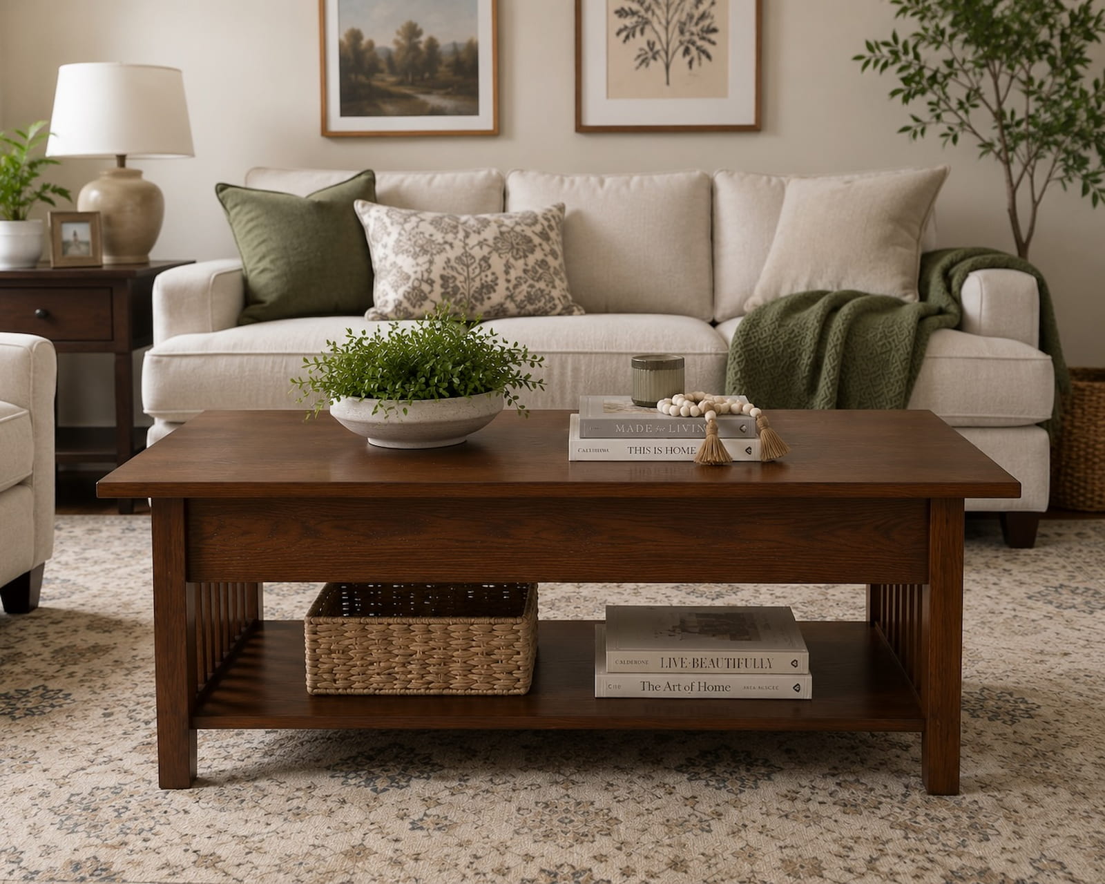 Solid wood coffee table with lower shelf storage styled in a warm modern living room