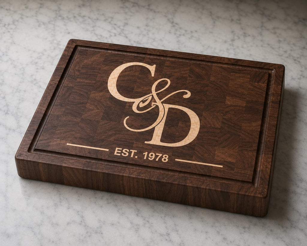 Walnut end grain cutting board with maple couples monogram inlay and established date