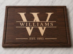 Walnut end grain cutting board with maple split monogram inlay, family name, and established date