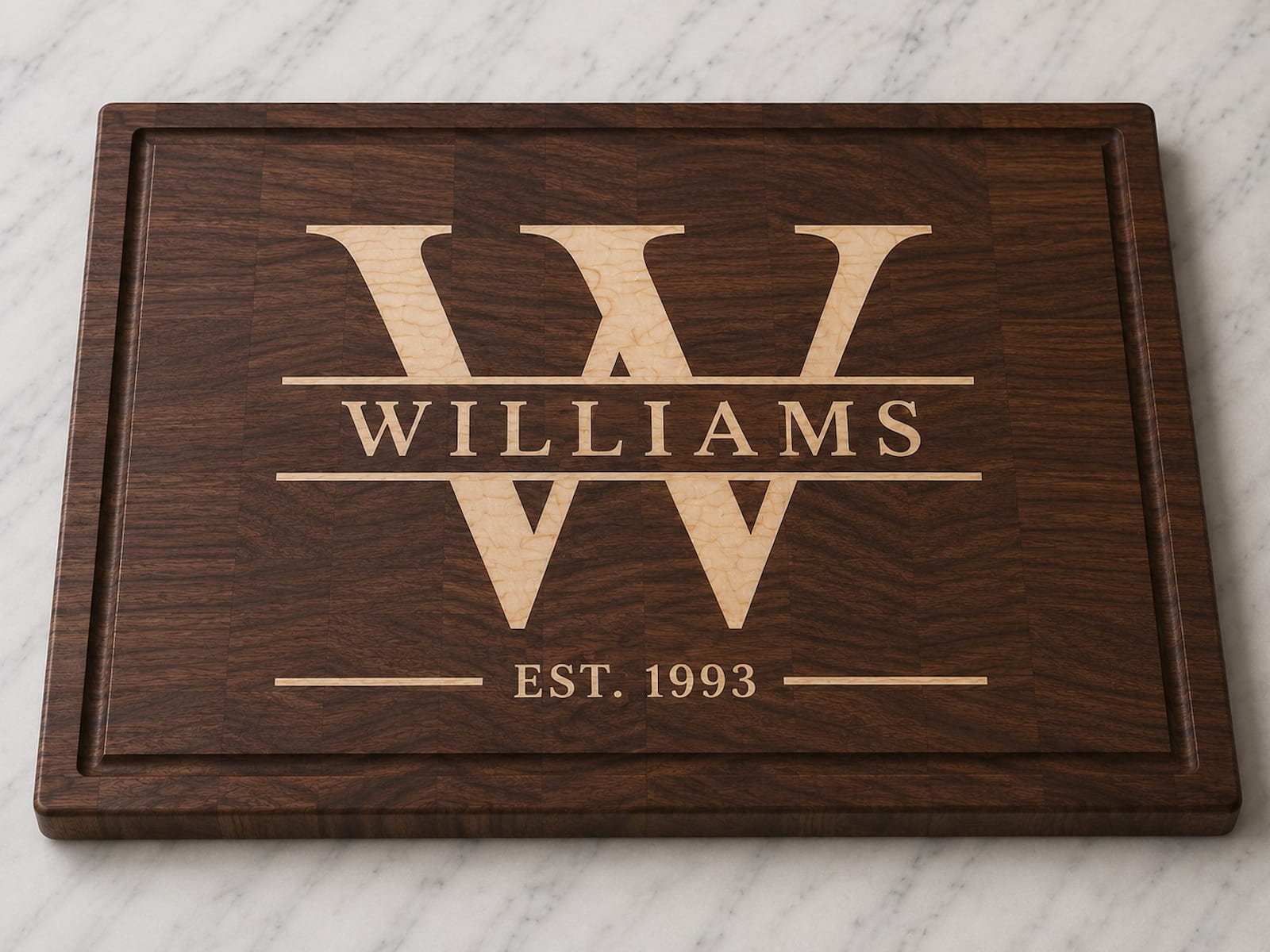 Walnut end grain cutting board with maple split monogram inlay, family name, and established date