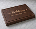 Personalized walnut end grain cutting board featuring maple inlay family name design for The Johnsons with established 2024 detail