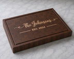 Personalized walnut end grain cutting board featuring maple inlay family name design for The Johnsons with established 2024 detail