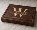 Walnut end grain cutting board with maple inlay split monogram design featuring the Williams family name and established 1993 engraving