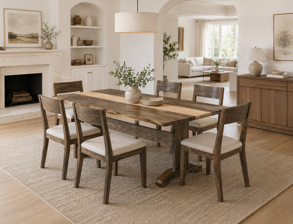 Handcrafted walnut trestle dining table with figured maple accent in modern dining room