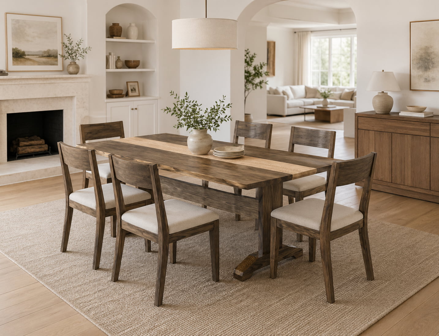 Handcrafted walnut trestle dining table with figured maple accent in modern dining room
