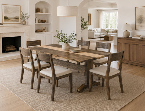 Handcrafted walnut trestle dining table with figured maple accent in modern dining room