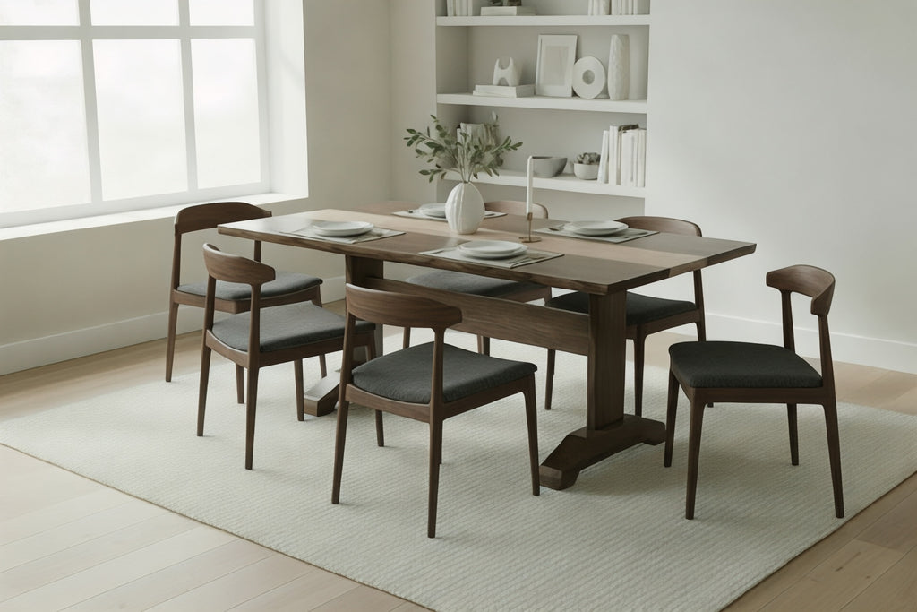 Handcrafted walnut trestle dining table with figured maple accent in modern dining room