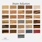 Wood stain selection chart showing available finish colors for custom wood furniture and countertops