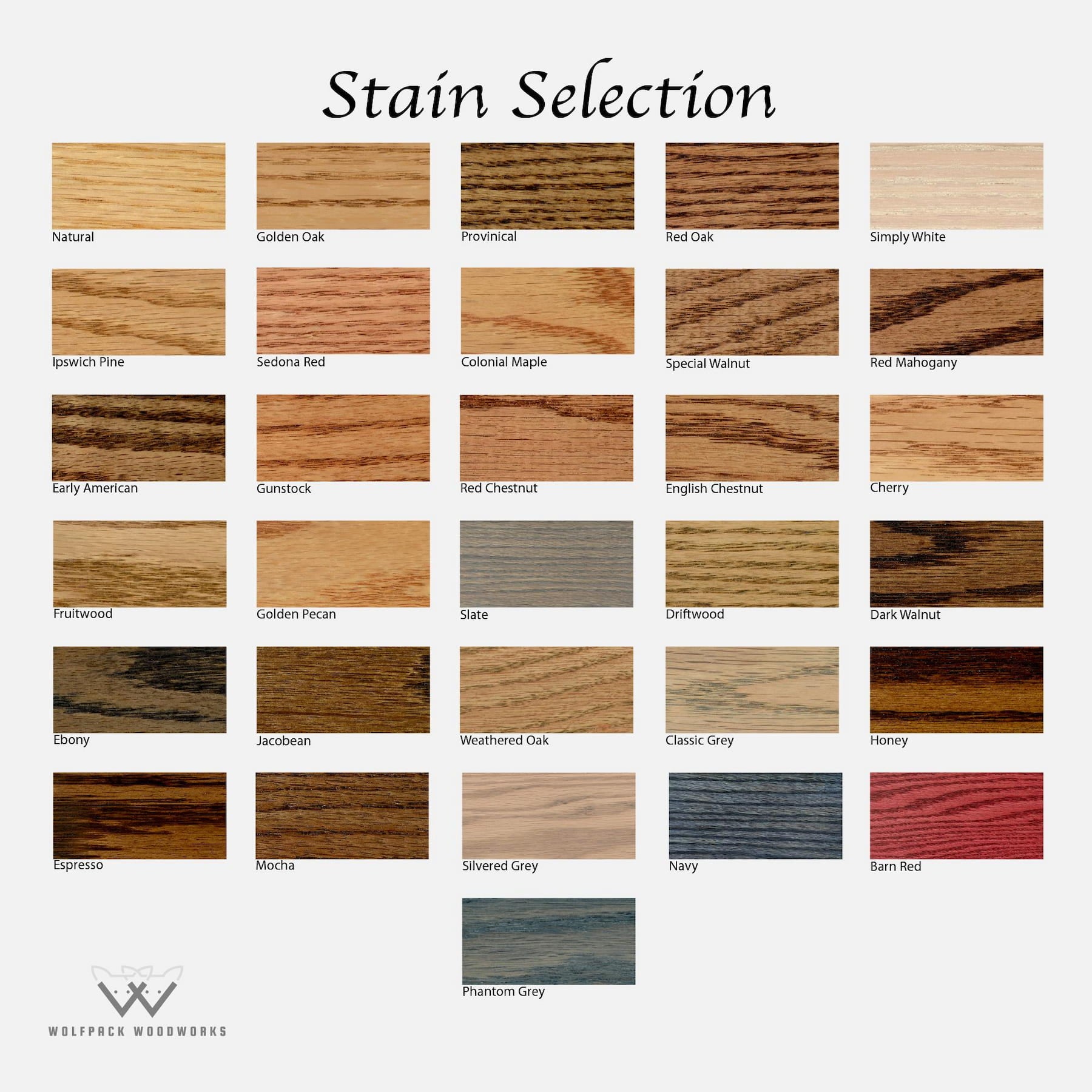 Wood stain selection chart showing available finish colors for custom wood furniture and countertops
